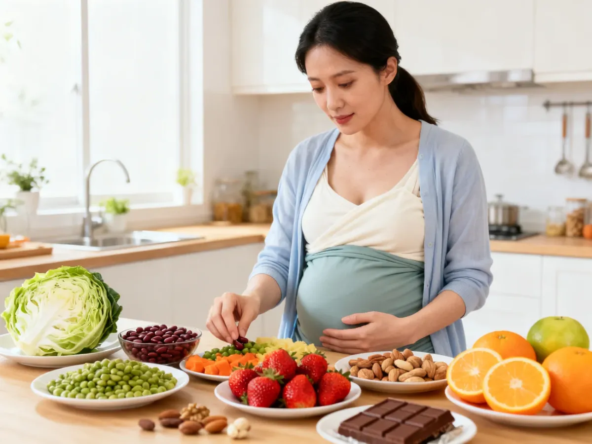 Karmiąca mama wśród różnorodnych produktów spożywczych
