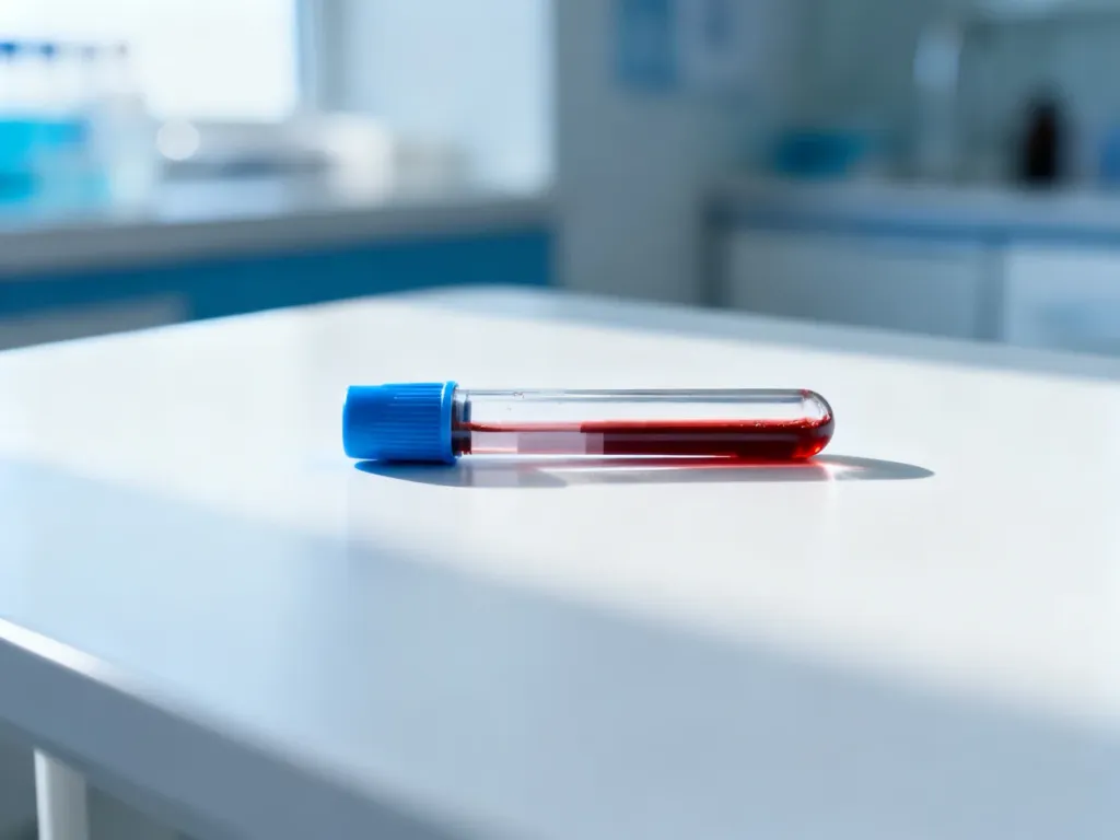 Szklana probówka z próbką krwi na sterylnym podłożu w laboratorium medycznym. Ilustracja badania poziomu bilirubiny.