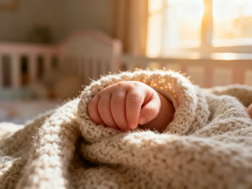 Dłoń noworodka owinięta w miękki, wełniany kocyk w przytulnym, słonecznym pokoju dziecięcym.