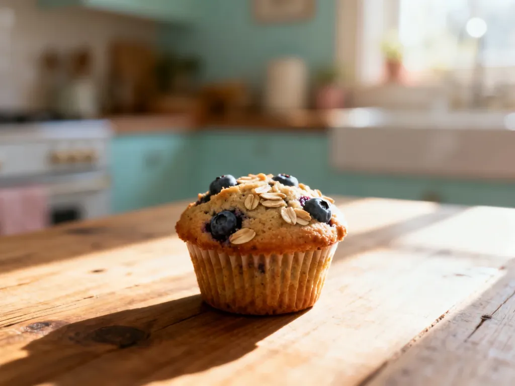 Zdrowa muffinka z borówkami i płatkami owsianymi na drewnianym stole w słonecznej kuchni.