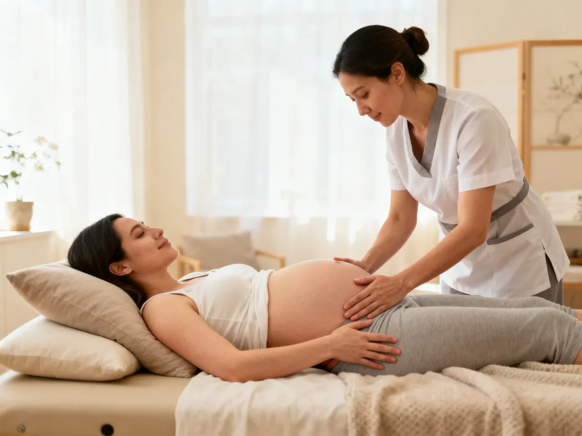 Kobieta w ciąży podczas delikatnego masażu prenatalnego na boku