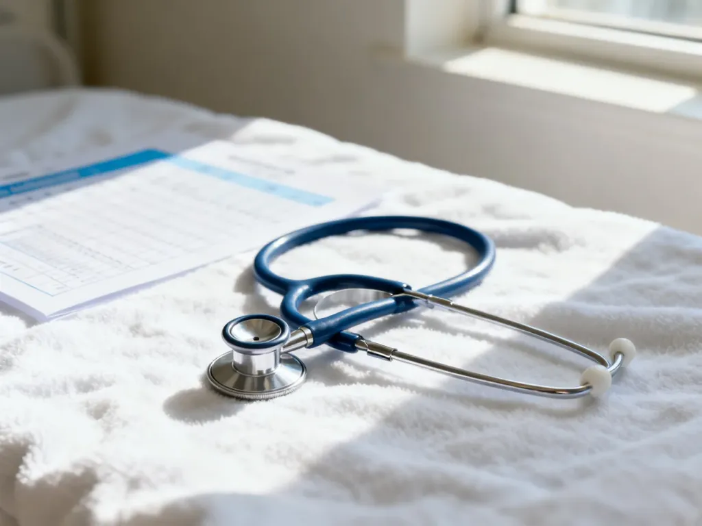 Stetoskop pediatryczny leżący na białym kocyku w gabinecie lekarskim, symbolizujący opiekę medyczną nad noworodkiem.