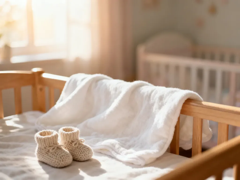 Przytulne łóżeczko niemowlęce z miękkim kocykiem i bucikami w ciepłym, porannym świetle.