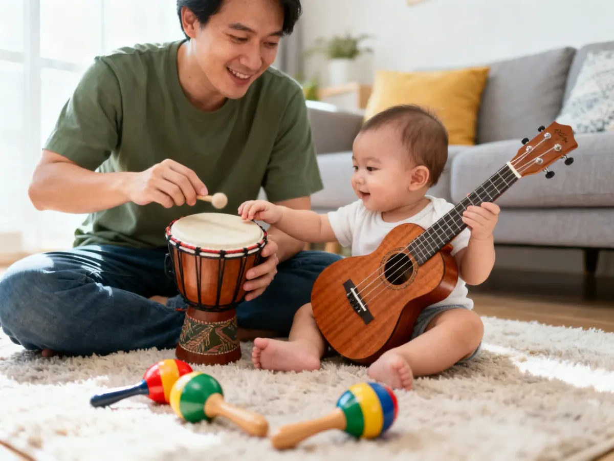 Rodzic i niemowlę wspólnie odkrywający różnorodne instrumenty muzyczne