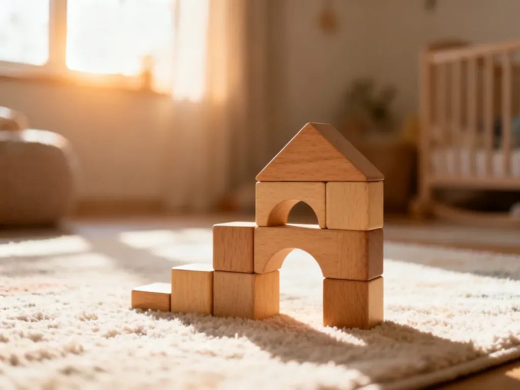 Drewniane klocki Montessori na dywanie, symbolizujące naukę i rozwój dziecka poprzez zabawę.