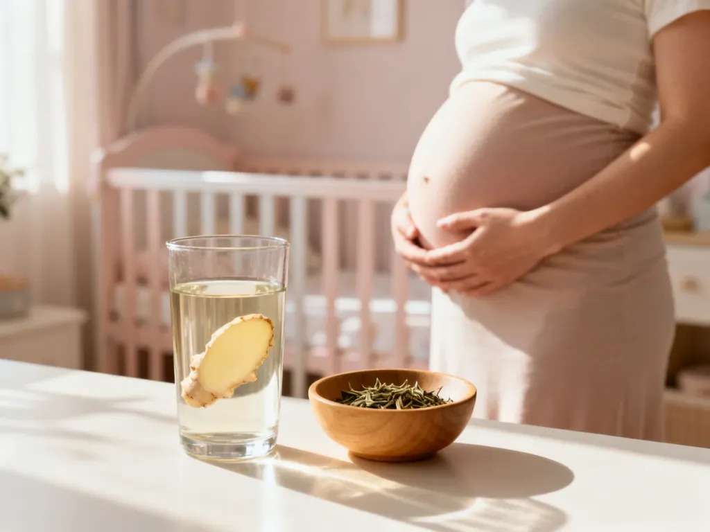 Szklanka wody z imbirem oraz miseczka z ziołami na tle przytulnego pokoju dziecięcego, symbolizujące naturalne wsparcie w ciąży.