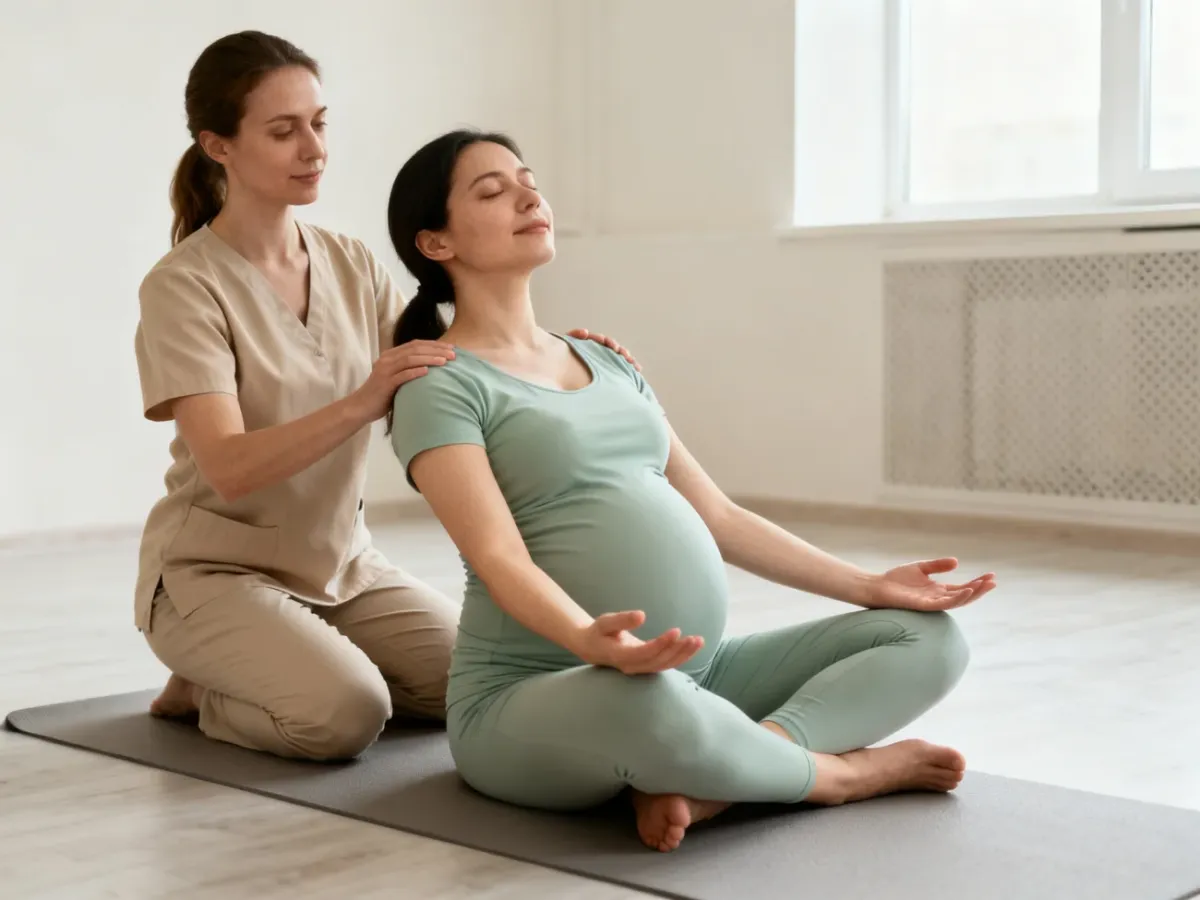 Ciężarna wykonująca łagodne ćwiczenia pod opieką fizjoterapeuty