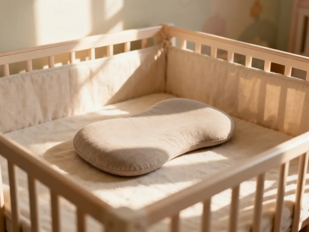 Płaska, ergonomiczna poduszka dla niemowlaka umieszczona w przytulnym łóżeczku w świetle porannego słońca.
