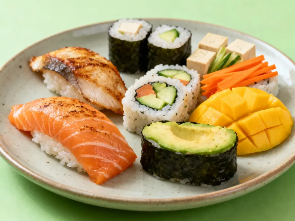 Bezpieczne sushi w ciąży z pieczonym łososiem, warzywami i tofu
