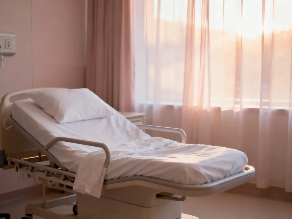Spokojna, minimalistyczna sala porodowa w ciepłym świetle, sprzyjająca intymnej i relaksującej atmosferze podczas porodu.