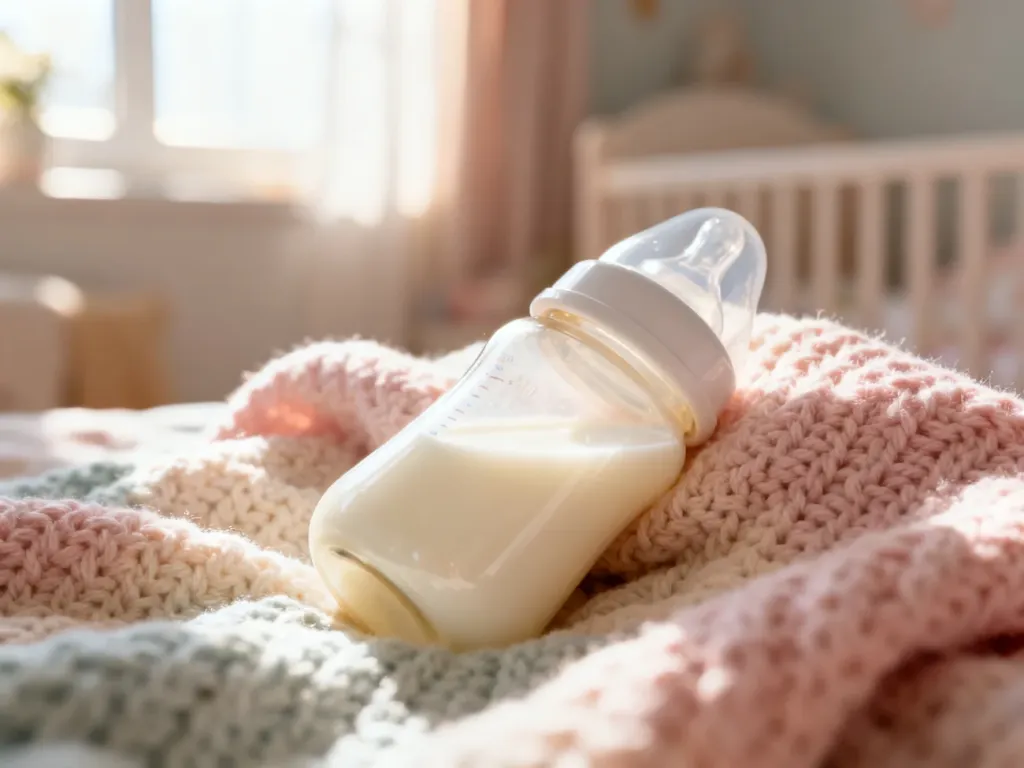 Butelka z mlekiem dla niemowlęcia na miękkim, dzianinowym kocyku w przytulnym, słonecznym pokoju dziecięcym.