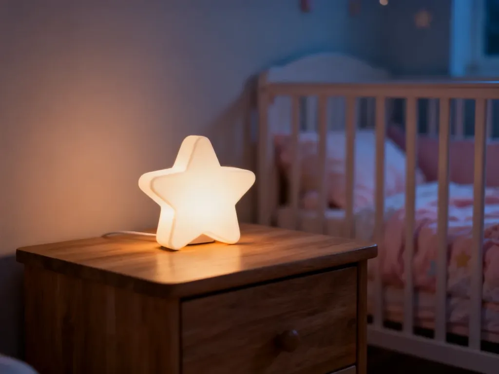 Przytulny pokój dziecięcy nocą z delikatnie świecącą lampką w kształcie gwiazdy, zapewniającą spokojną atmosferę.