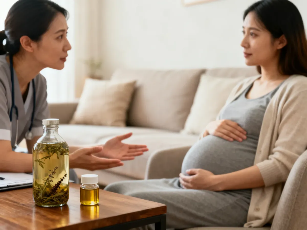 Kobieta w ciąży omawiająca z położną bezpieczeństwo domowych metod wywoływania porodu
