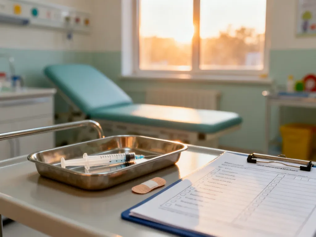 Nowoczesny gabinet pediatryczny ze sterylnym sprzętem medycznym przygotowanym do szczepienia niemowlęcia.