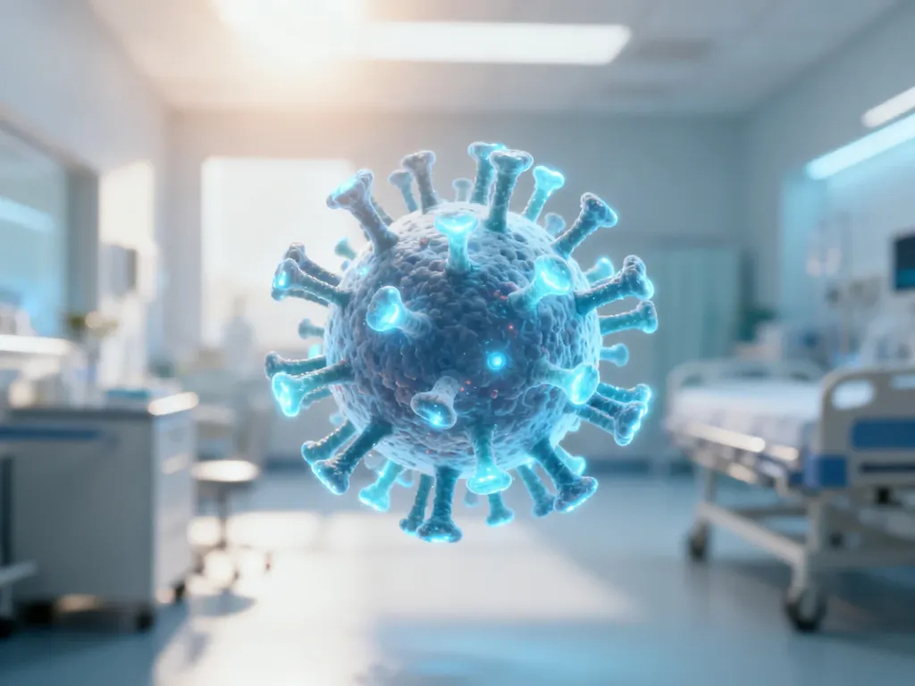 Wizualizacja cząsteczki wirusa w sterylnym, klinicznym otoczeniu, obrazująca zagrożenie infekcją.