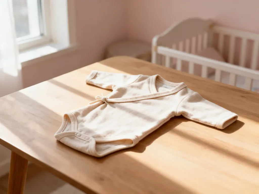 Niemowlęce body kopertowe z organicznej bawełny leżące na drewnianym blacie w przytulnym, minimalistycznym pokoju dziecięcym.