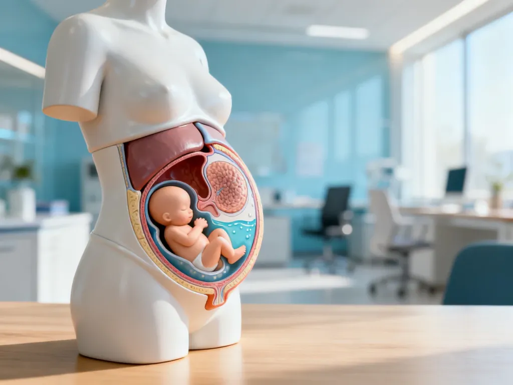 Anatomiczny model 3D przedstawiający przekrój brzucha ciężarnej kobiety z płodem, łożyskiem i wodami płodowymi.