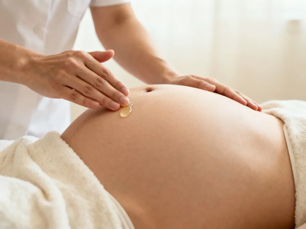 Neutralny olej używany podczas delikatnego masażu prenatalnego