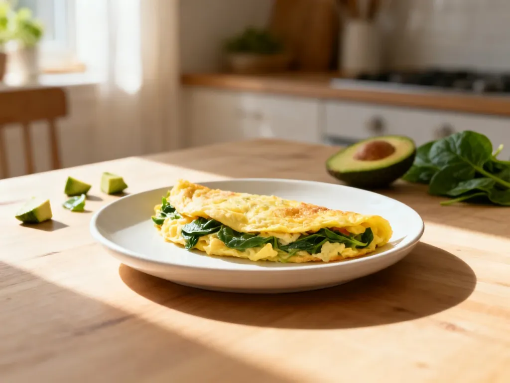 Zdrowy omlet dla niemowlaka podany na minimalistycznym talerzu w jasnej kuchni z dodatkiem awokado i szpinaku.