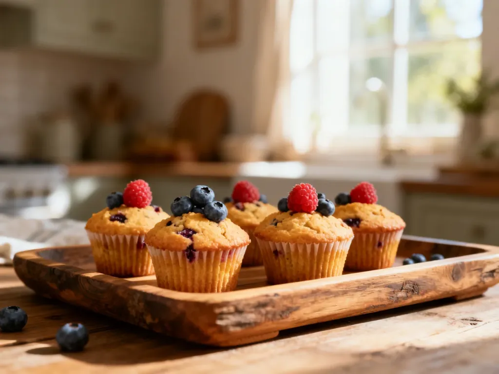 Domowe muffiny dla niemowląt z borówkami i malinami na drewnianej tacy w przytulnej kuchni.