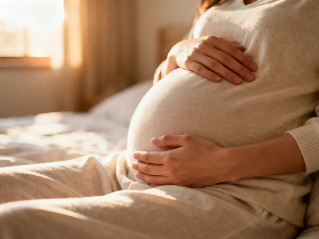 Kobieta w ciąży delikatnie trzymająca dłonie na swoim brzuchu w przytulnym, słonecznym wnętrzu.