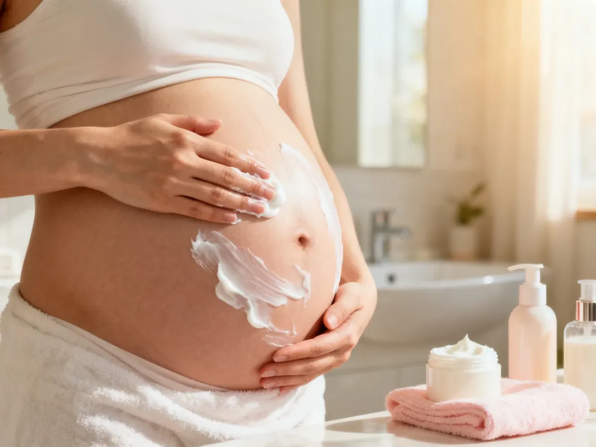 Ciężarna kobieta delikatnie nakładająca krem nawilżający na brzuch
