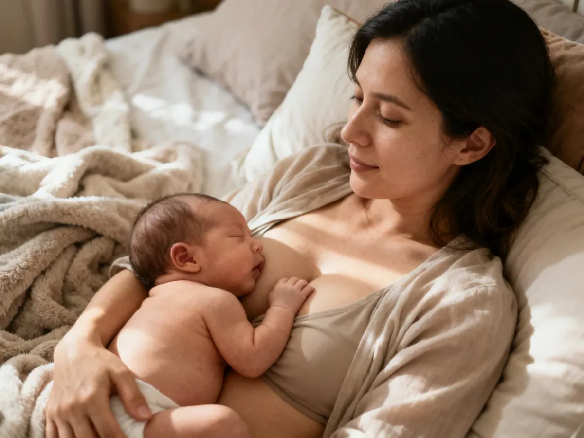 Mama karmiąca noworodka na leżąco w wygodnej pozycji