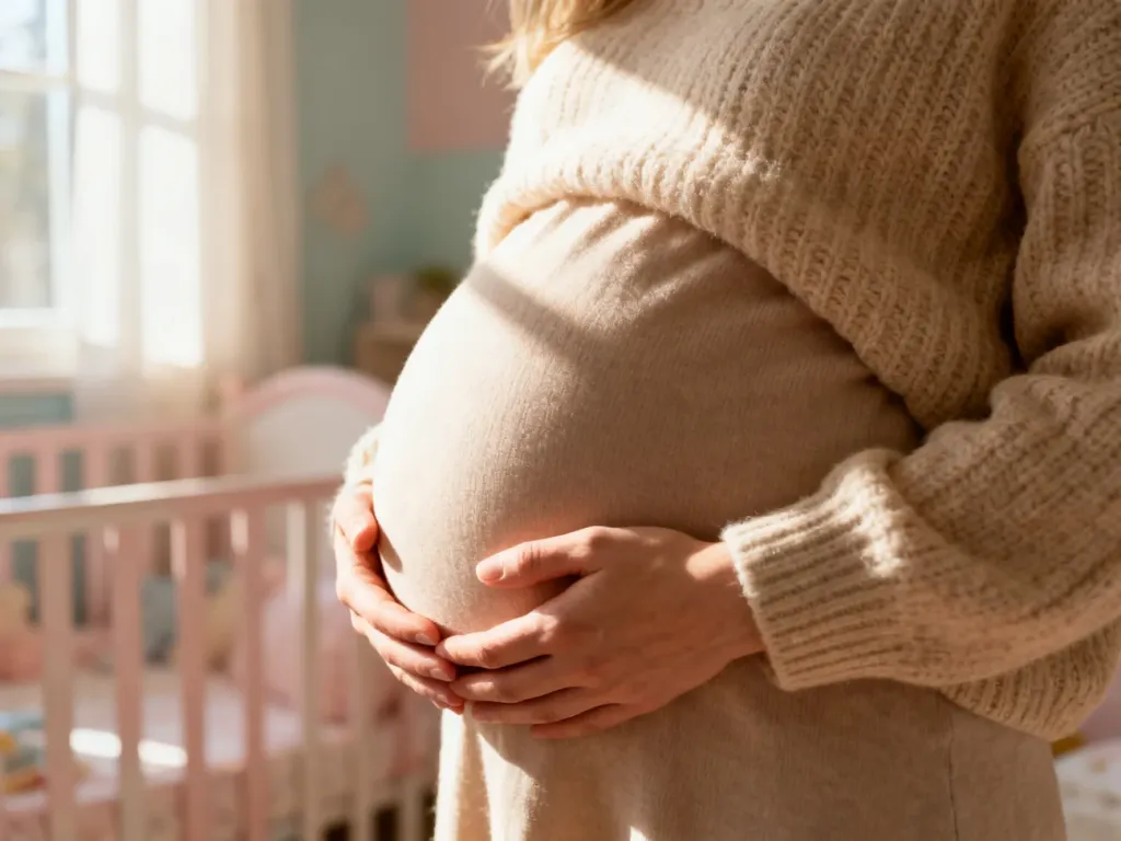 Kobieta w 19. tygodniu ciąży delikatnie obejmuje dłońmi zaokrąglony brzuch w przytulnym, jasnym pokoju.