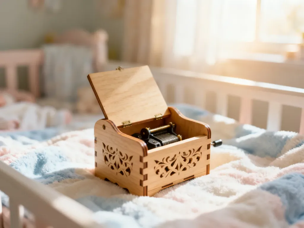 Drewniana pozytywka w stylu vintage na pastelowym kocyku w przytulnym pokoju dziecięcym.