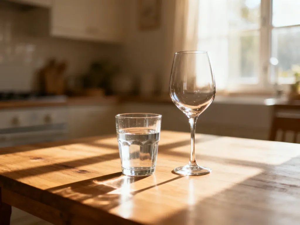 Szklanka wody obok kieliszka wina na drewnianym stole, ilustrująca dylematy związane ze spożywaniem alkoholu podczas laktacji.